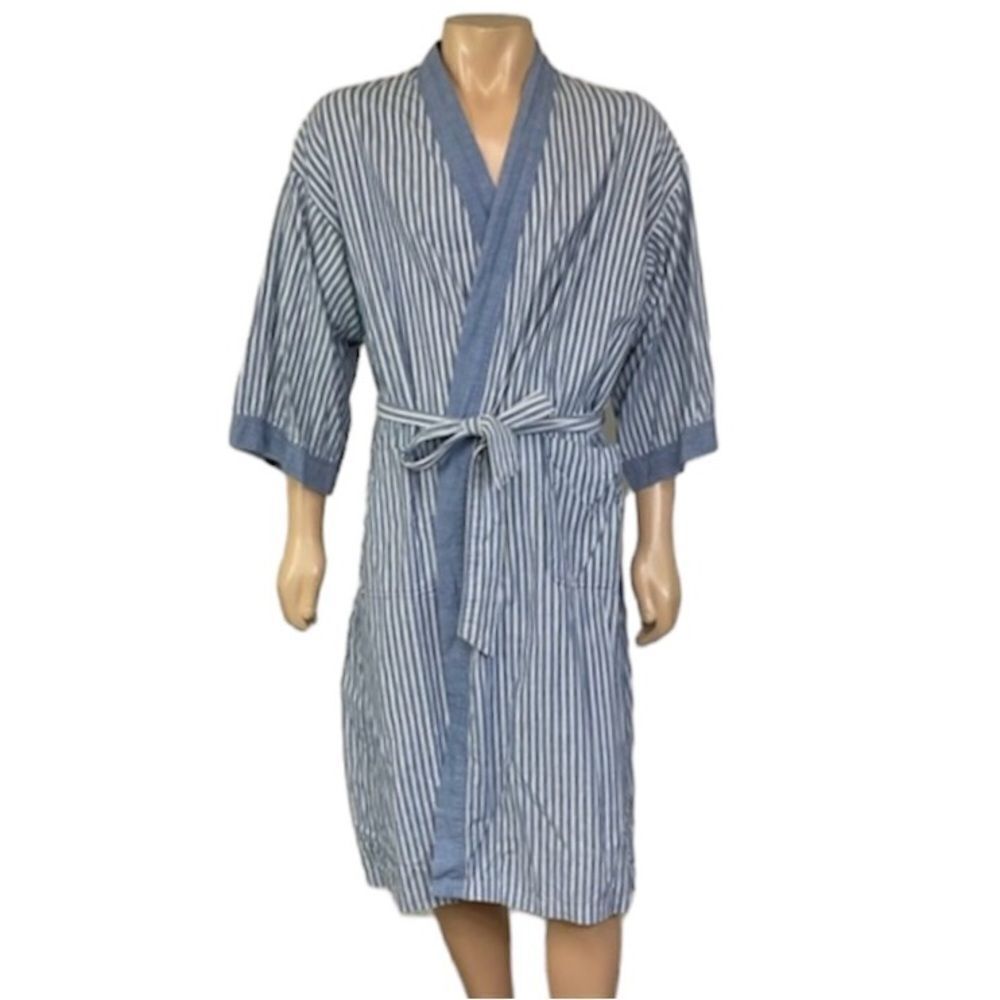 Christian Dior Monsieur Mens Striped Pocket Belted Cotton Bathrobe Blue White OS